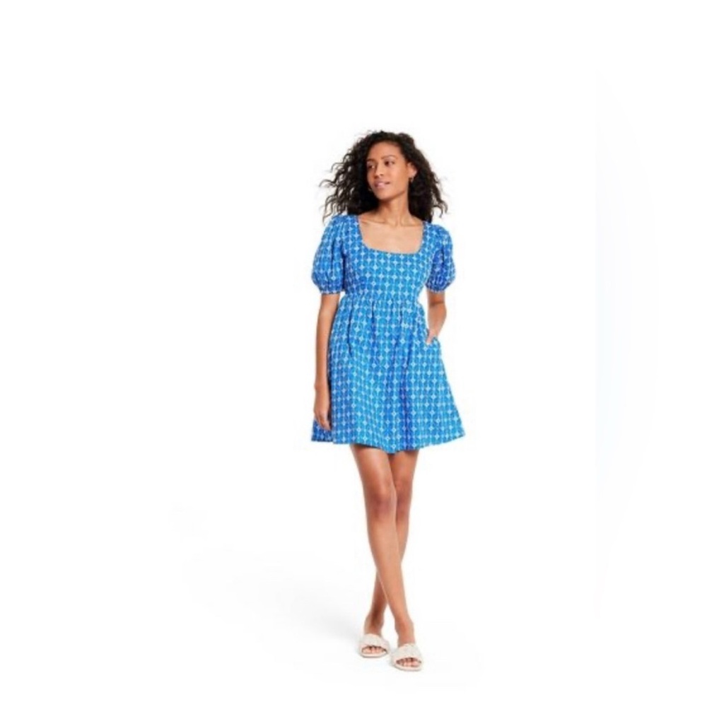 Rhode x Target blue puff sleeve short eyelet Mini Dress size small